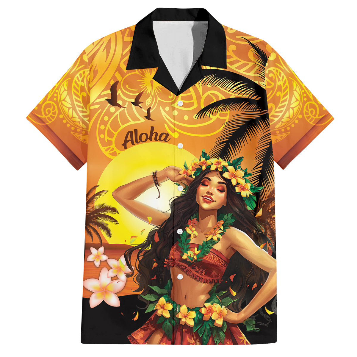 Aloha Hawaii Women's Day Family Matching Off Shoulder Maxi Dress and Hawaiian Shirt Hula Girl With Sunset Vibes LT14 Dad's Shirt - Short Sleeve Yellow - Polynesian Pride
