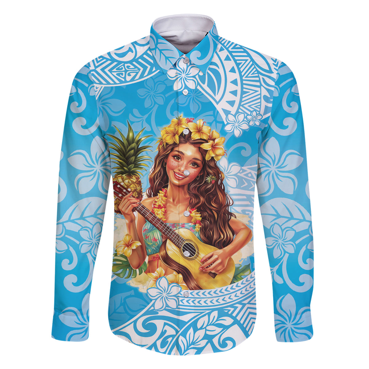 Aloha Hawaii Women's Day Family Matching Off Shoulder Long Sleeve Dress and Hawaiian Shirt Hula Girl With Ukulele Tropical Style LT14 Dad's Shirt - Long Sleeve Blue - Polynesian Pride