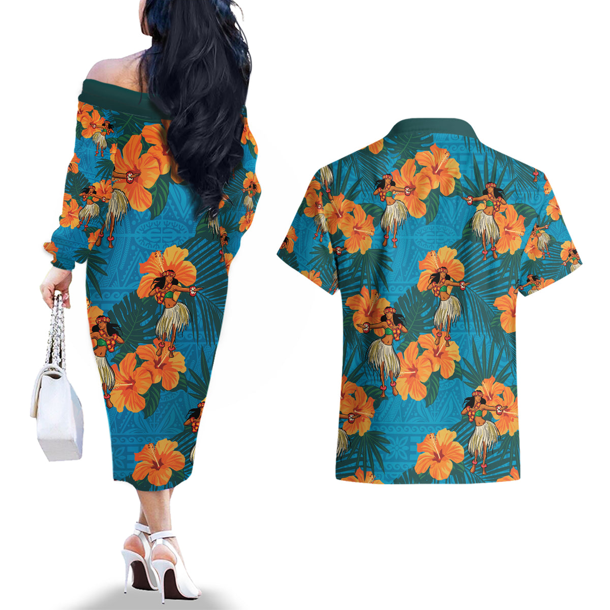 Hawaii Luau Party Couples Matching Off The Shoulder Long Sleeve Dress and Hawaiian Shirt Dancing Girl Tropical Flowers LT14 - Polynesian Pride