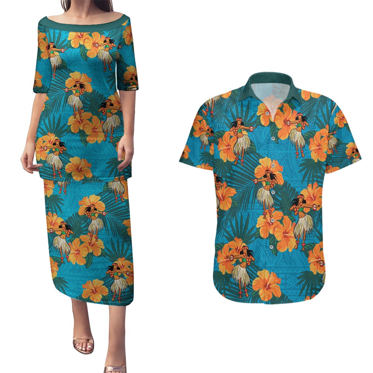 Hawaii Luau Party Couples Matching Puletasi and Hawaiian Shirt Dancing Girl Tropical Flowers LT14 Blue - Polynesian Pride
