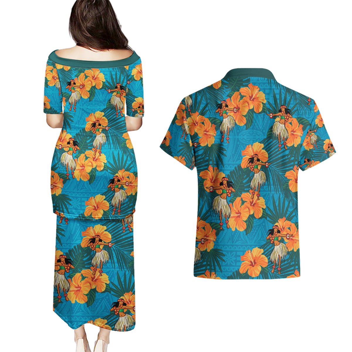 Hawaii Luau Party Couples Matching Puletasi and Hawaiian Shirt Dancing Girl Tropical Flowers LT14 - Polynesian Pride