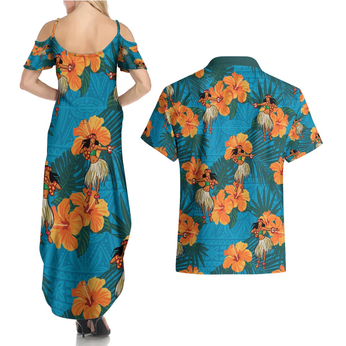 Hawaii Luau Party Couples Matching Summer Maxi Dress and Hawaiian Shirt Dancing Girl Tropical Flowers LT14 - Polynesian Pride
