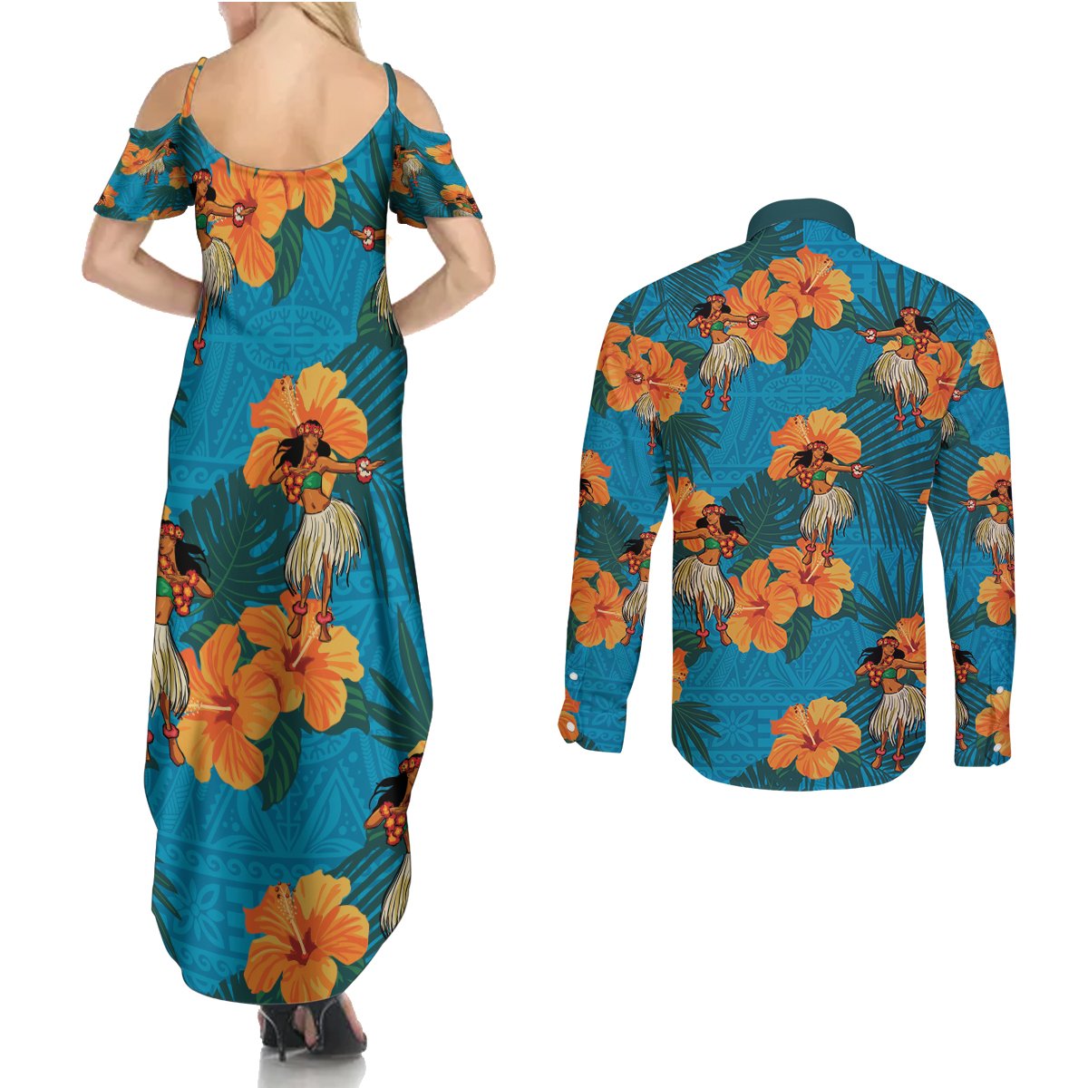 Hawaii Luau Party Couples Matching Summer Maxi Dress and Long Sleeve Button Shirt Dancing Girl Tropical Flowers LT14 - Polynesian Pride