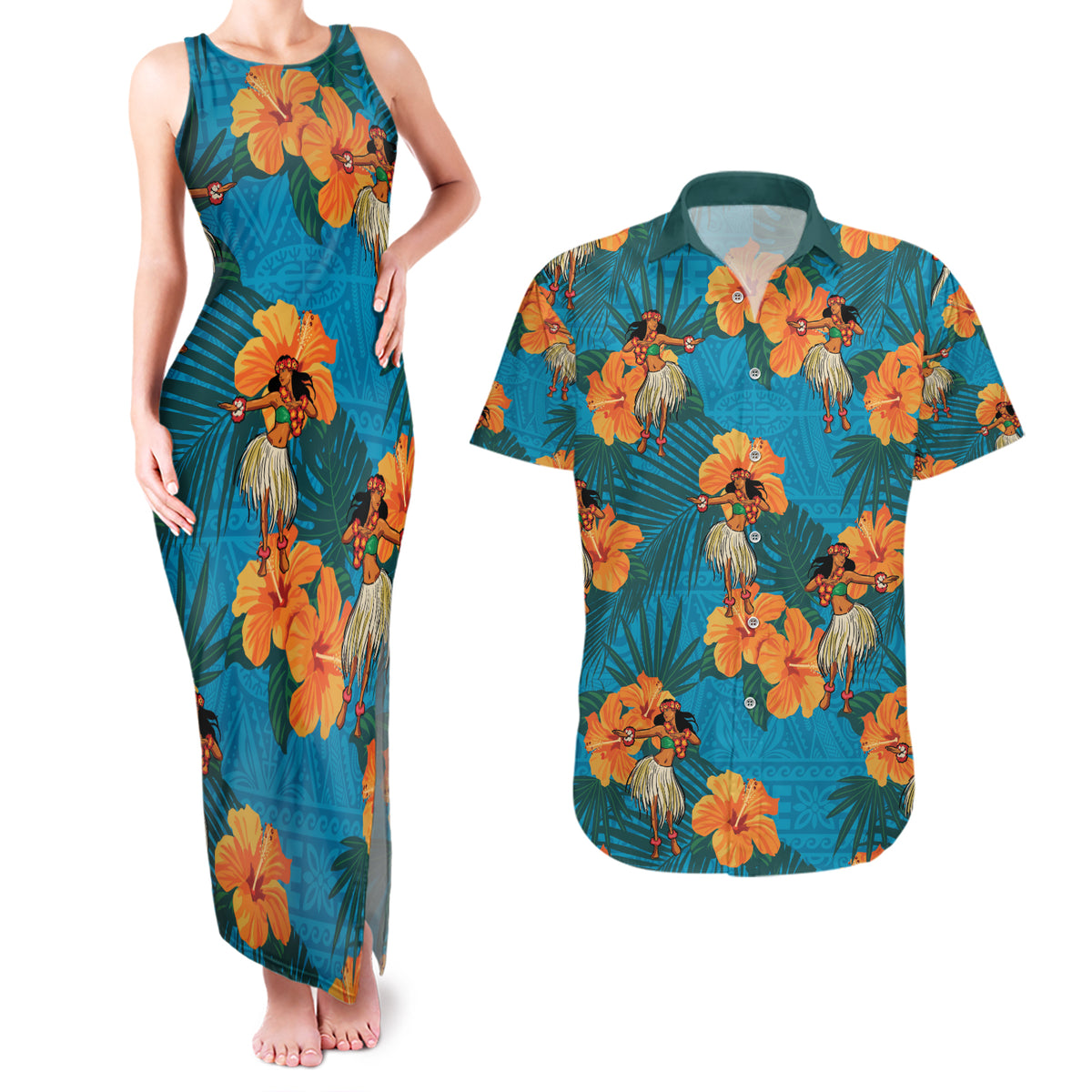 Hawaii Luau Party Couples Matching Tank Maxi Dress and Hawaiian Shirt Dancing Girl Tropical Flowers LT14 Blue - Polynesian Pride