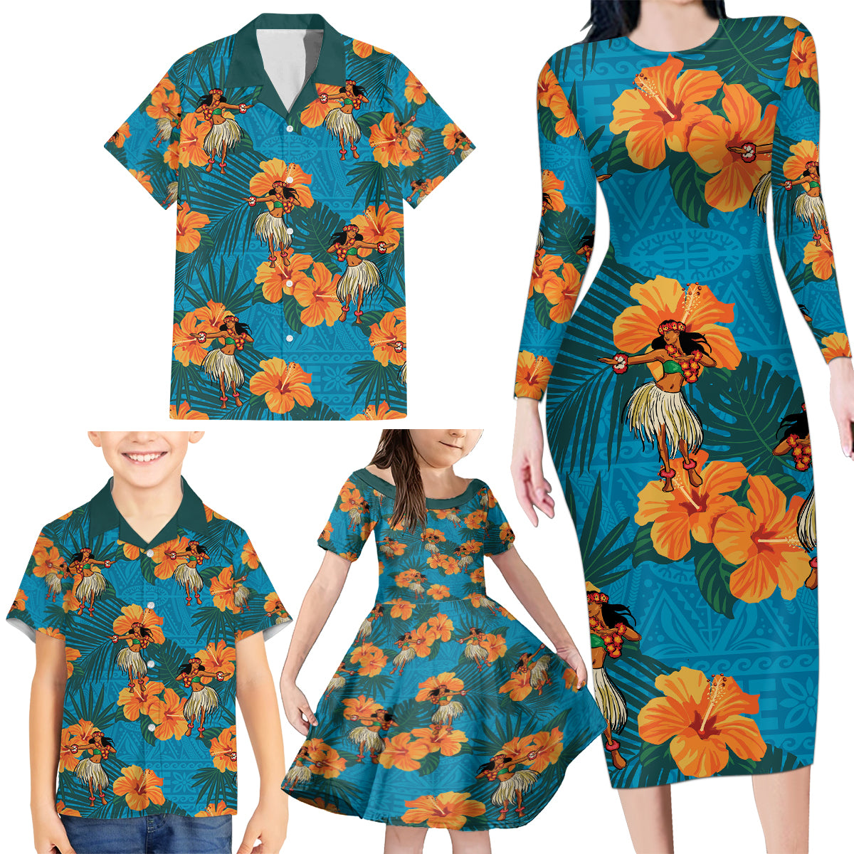 Hawaii Luau Party Family Matching Long Sleeve Bodycon Dress and Hawaiian Shirt Dancing Girl Tropical Flowers LT14 - Polynesian Pride