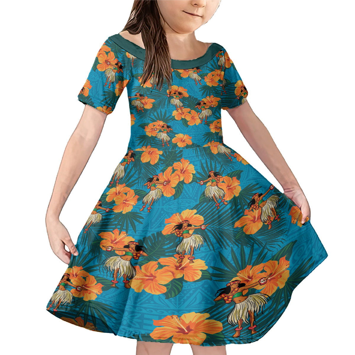 Hawaii Luau Party Family Matching Mermaid Dress and Hawaiian Shirt Dancing Girl Tropical Flowers LT14 Daughter's Dress Blue - Polynesian Pride