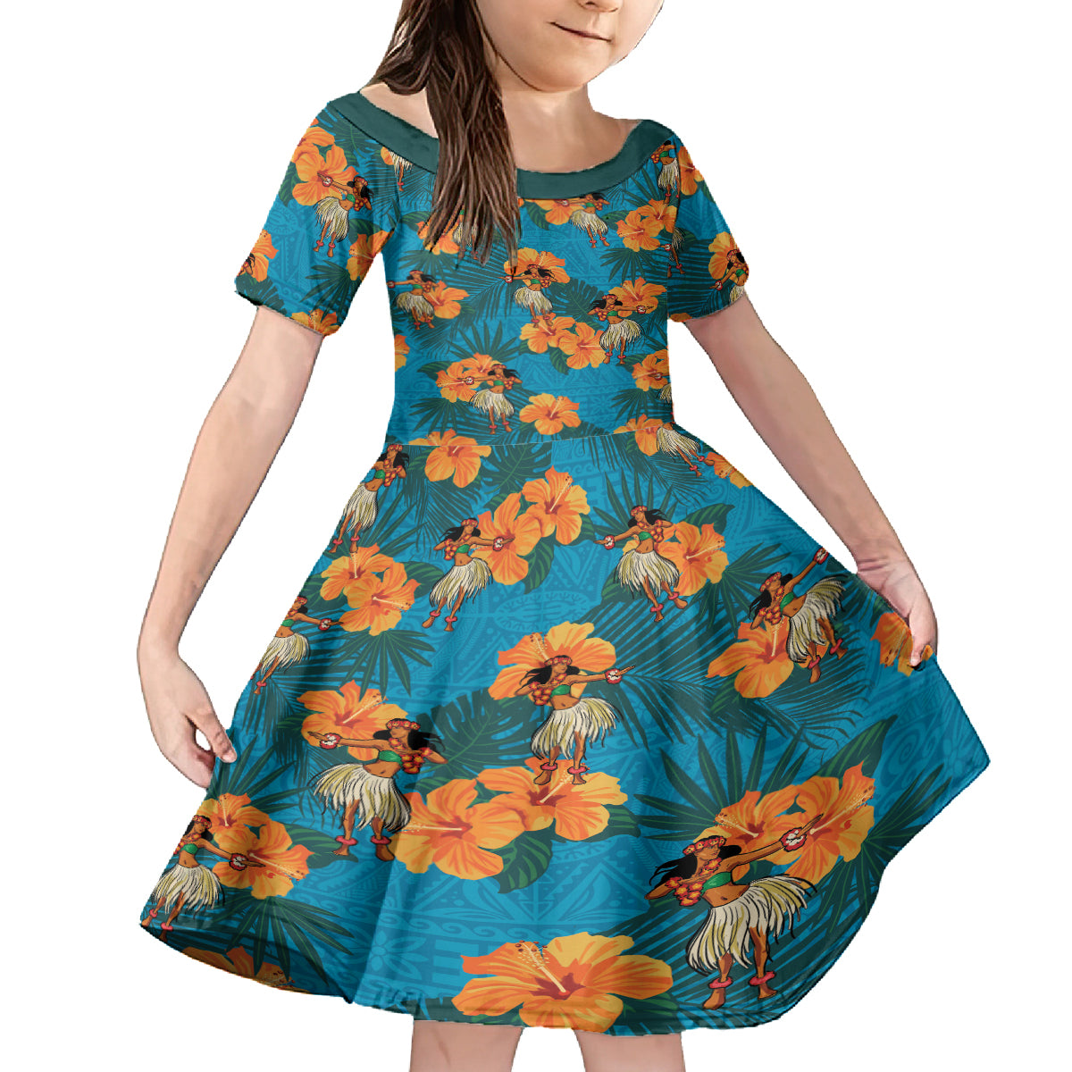 Hawaii Luau Party Family Matching Off Shoulder Maxi Dress and Hawaiian Shirt Dancing Girl Tropical Flowers LT14 Daughter's Dress Blue - Polynesian Pride