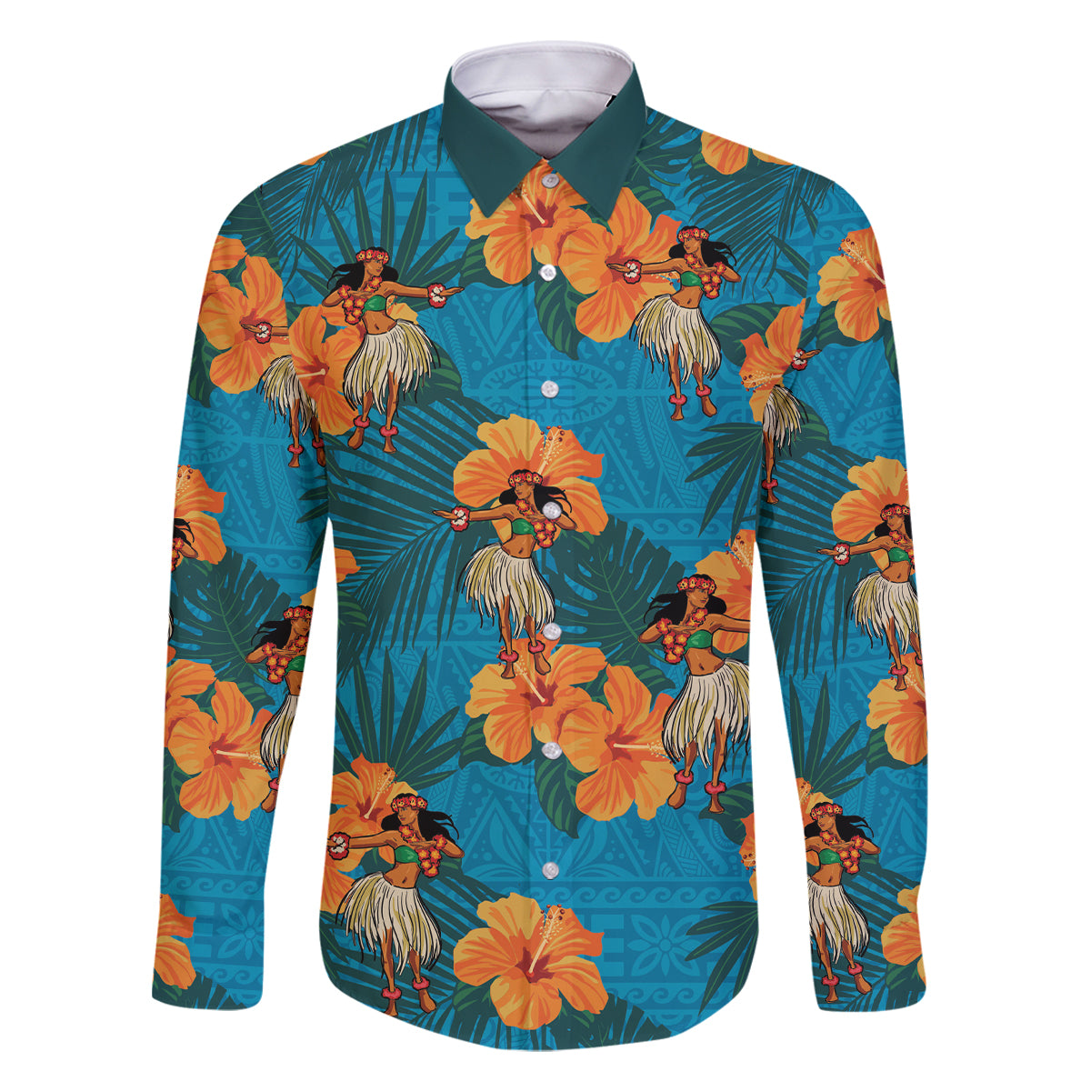 Hawaii Luau Party Family Matching Off Shoulder Maxi Dress and Hawaiian Shirt Dancing Girl Tropical Flowers LT14 Dad's Shirt - Long Sleeve Blue - Polynesian Pride