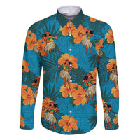 Hawaii Luau Party Family Matching Off Shoulder Maxi Dress and Hawaiian Shirt Dancing Girl Tropical Flowers LT14 Dad's Shirt - Long Sleeve Blue - Polynesian Pride
