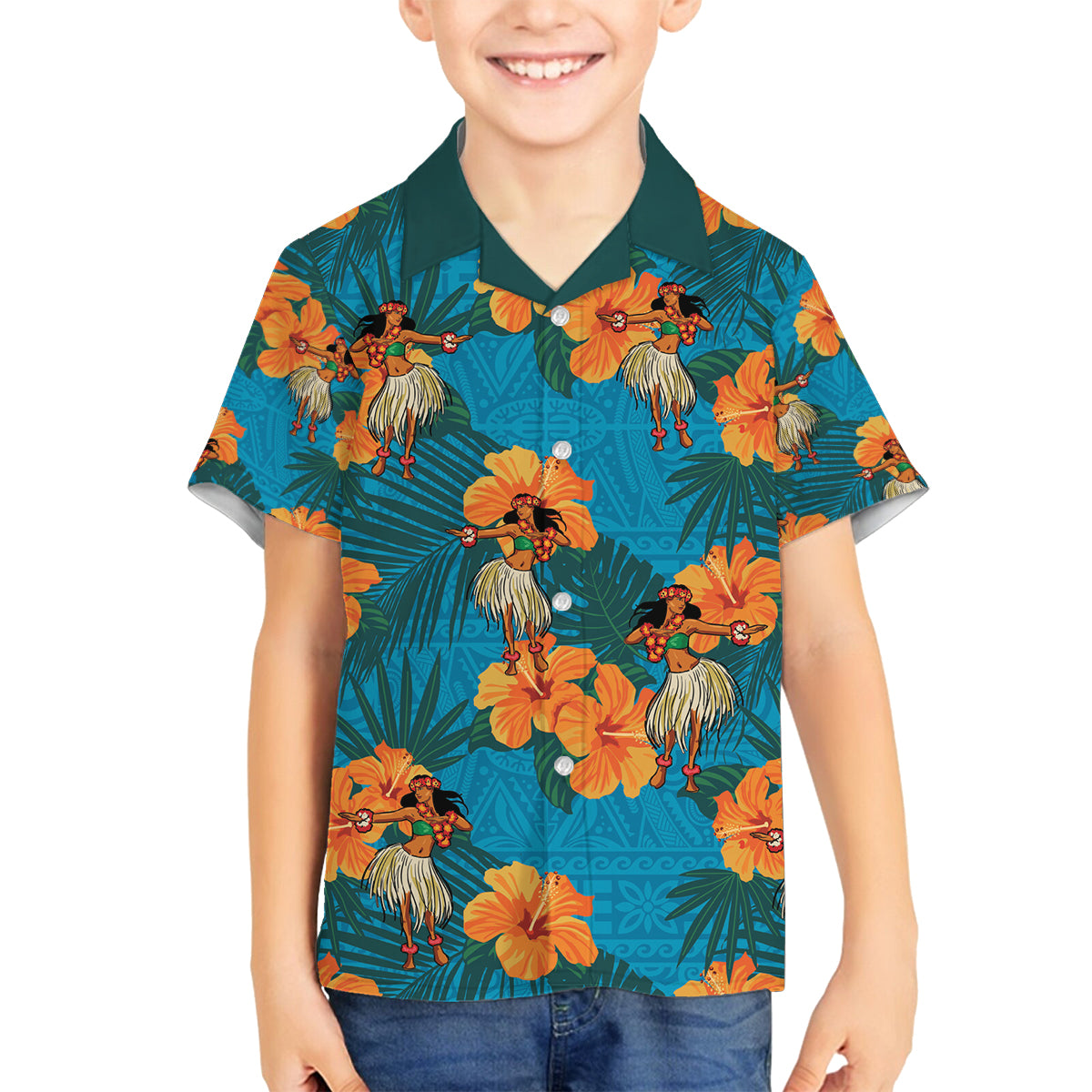 Hawaii Luau Party Family Matching Summer Maxi Dress and Hawaiian Shirt Dancing Girl Tropical Flowers LT14 Son's Shirt Blue - Polynesian Pride
