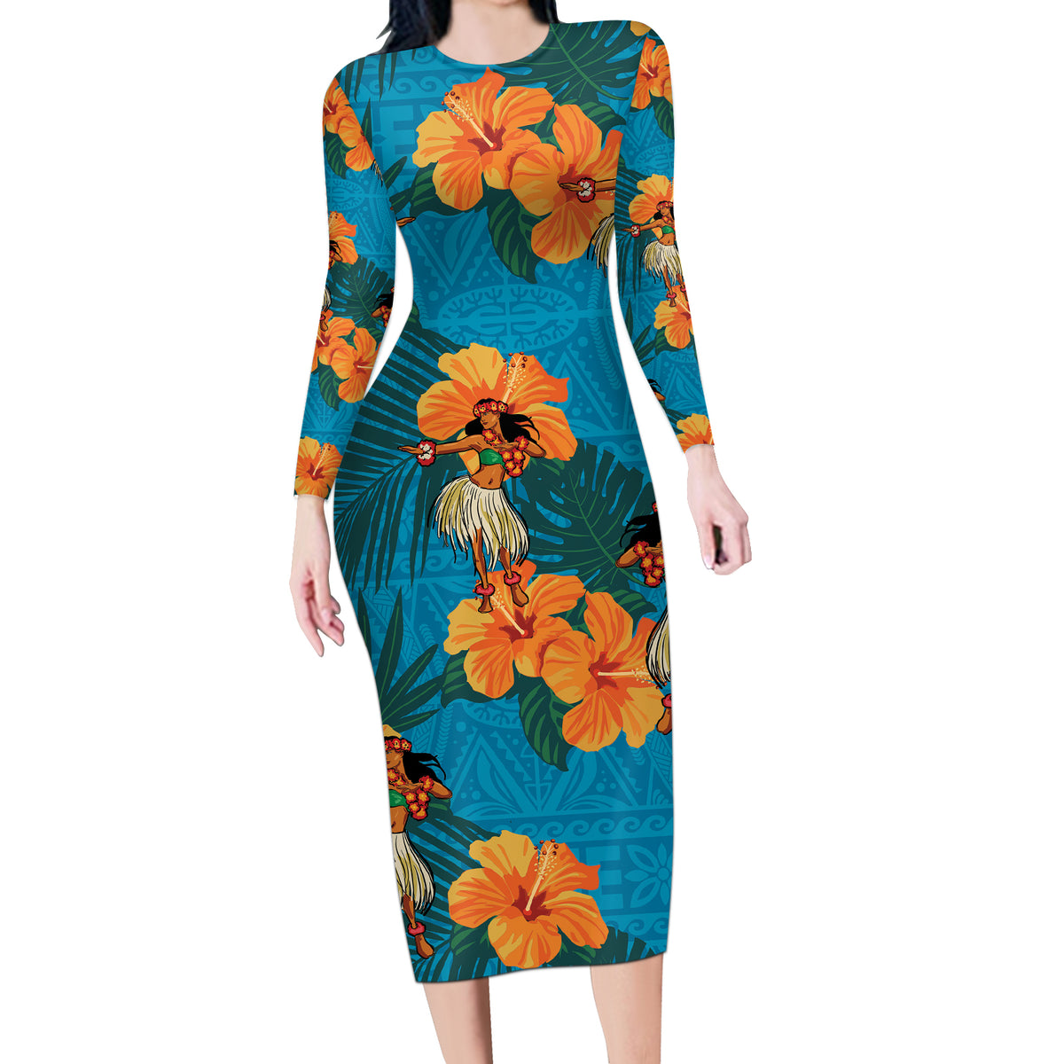 Hawaii Luau Party Long Sleeve Bodycon Dress Dancing Girl Tropical Flowers LT14 Long Dress Blue - Polynesian Pride