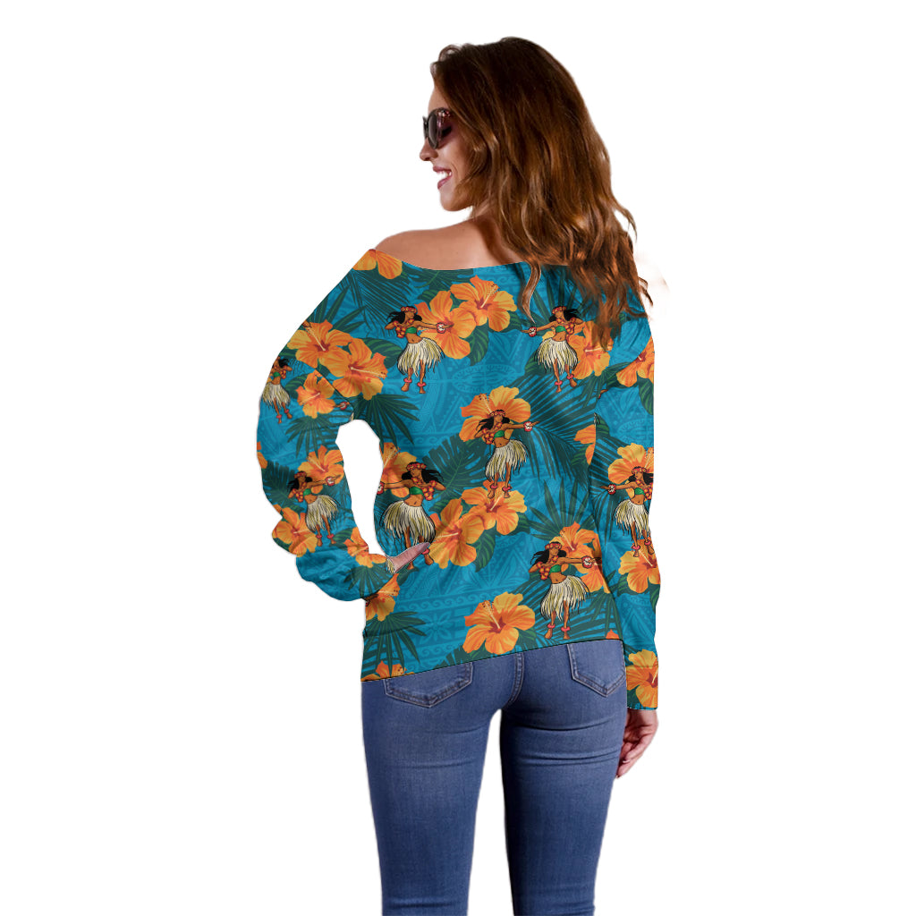 Hawaii Luau Party Off Shoulder Sweater Dancing Girl Tropical Flowers LT14 - Polynesian Pride