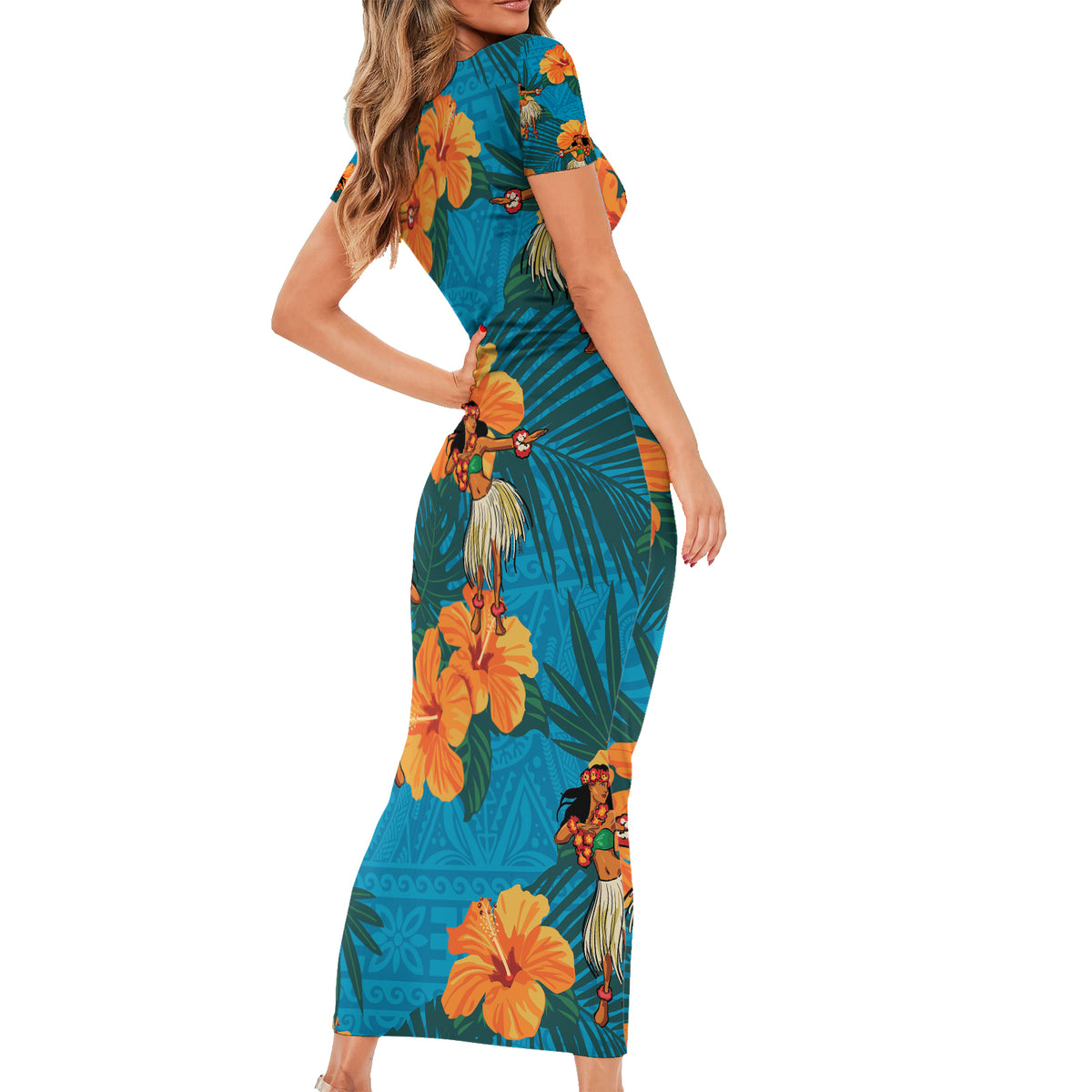 Hawaii Luau Party Short Sleeve Bodycon Dress Dancing Girl Tropical Flowers LT14 - Polynesian Pride
