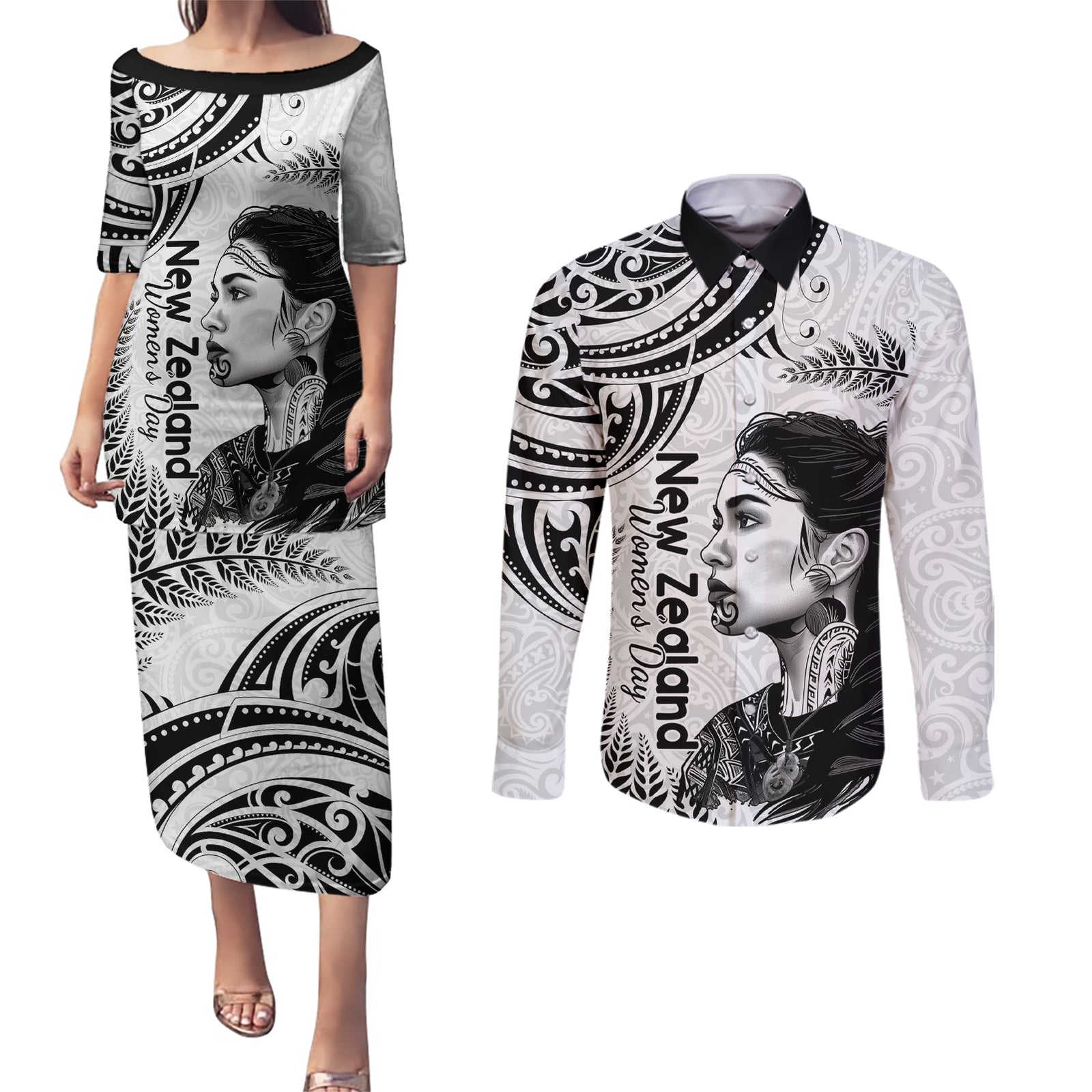 New Zealand Women's Day Couples Matching Puletasi and Long Sleeve Button Shirt Aotearoa Kia Whakapumau Te Mana Wahine LT14 White - Polynesian Pride