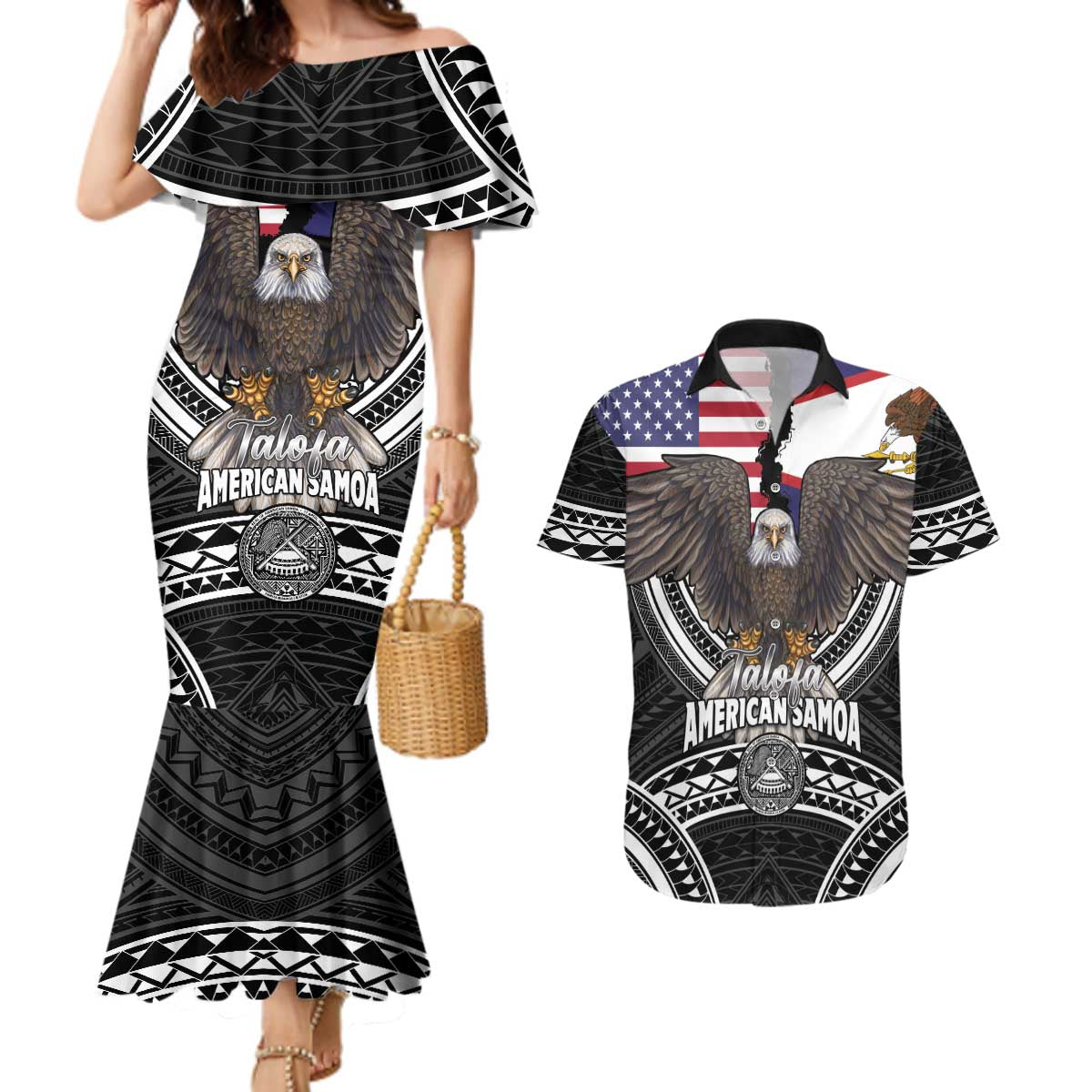 Talofa American Samoa Flag Day Couples Matching Mermaid Dress and Hawaiian Shirt Bald Eagle Polynesian Tattoo