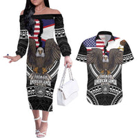 Talofa American Samoa Flag Day Couples Matching Off The Shoulder Long Sleeve Dress and Hawaiian Shirt Bald Eagle Polynesian Tattoo LT14 Black - Polynesian Pride