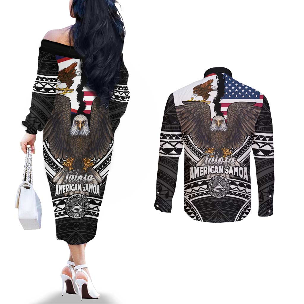 Talofa American Samoa Flag Day Couples Matching Off The Shoulder Long Sleeve Dress and Long Sleeve Button Shirt Bald Eagle Polynesian Tattoo