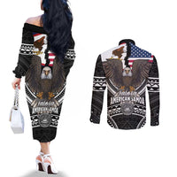 Talofa American Samoa Flag Day Couples Matching Off The Shoulder Long Sleeve Dress and Long Sleeve Button Shirt Bald Eagle Polynesian Tattoo