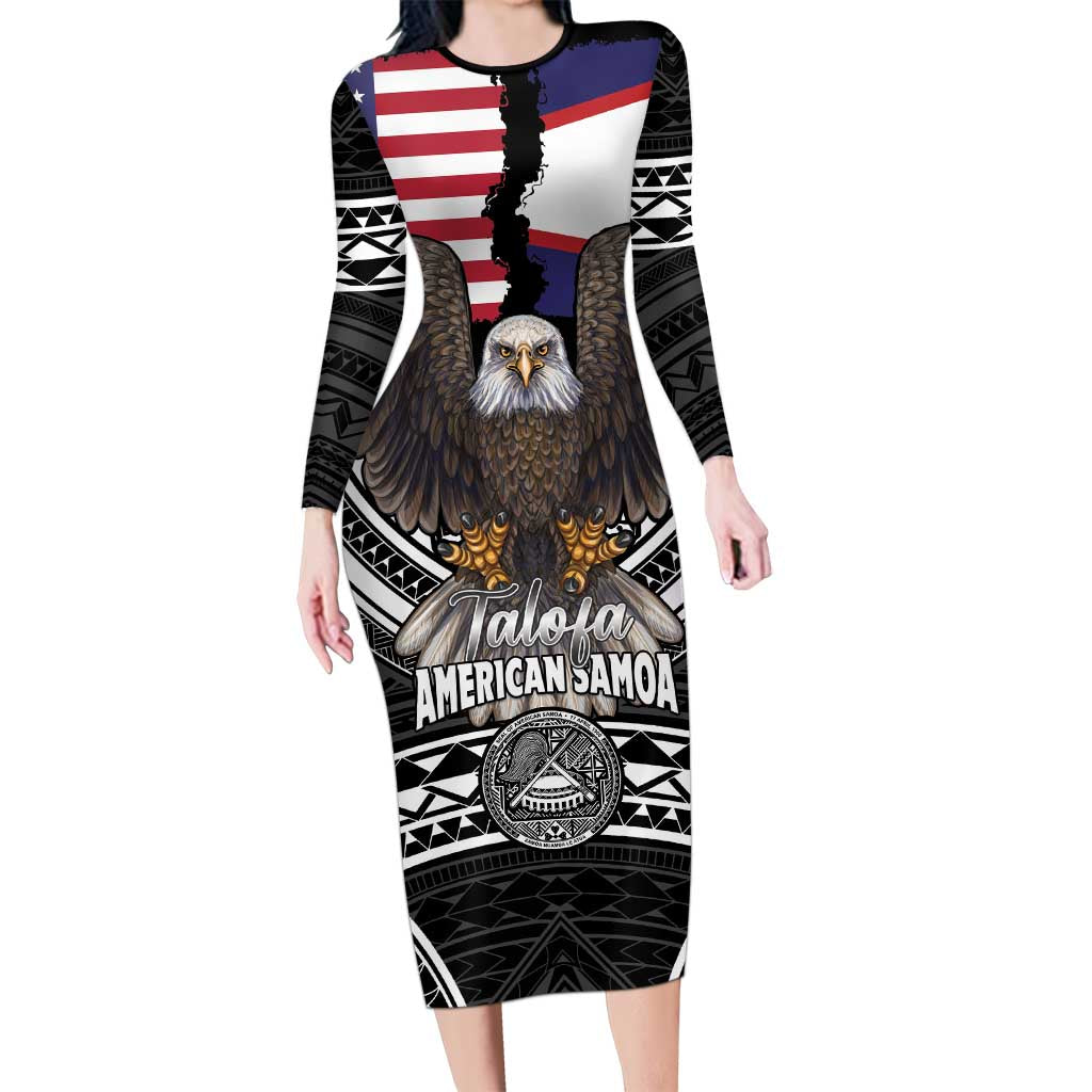 Talofa American Samoa Flag Day Family Matching Long Sleeve Bodycon Dress and Hawaiian Shirt Bald Eagle Polynesian Tattoo LT14 Mom's Dress Black - Polynesian Pride