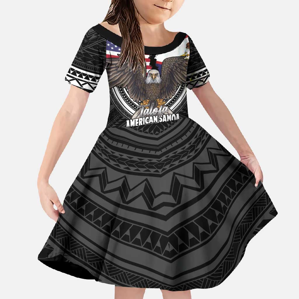 Talofa American Samoa Flag Day Family Matching Mermaid Dress and Hawaiian Shirt Bald Eagle Polynesian Tattoo LT14 Daughter's Dress Black - Polynesian Pride