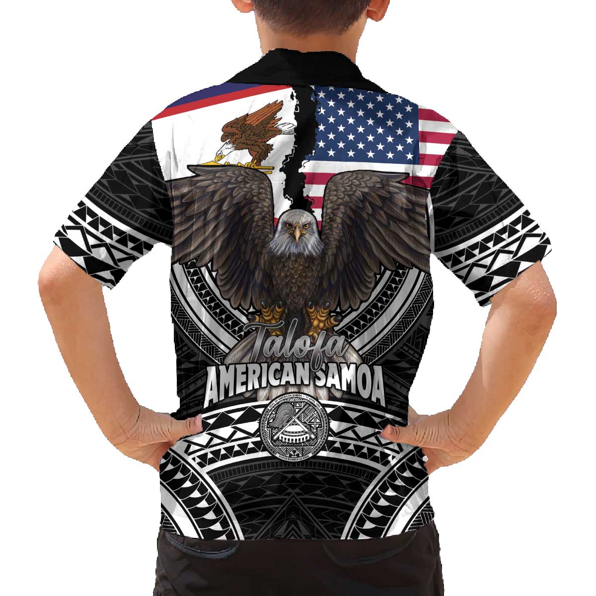 Talofa American Samoa Flag Day Family Matching Off The Shoulder Long Sleeve Dress and Hawaiian Shirt Bald Eagle Polynesian Tattoo LT14 - Polynesian Pride