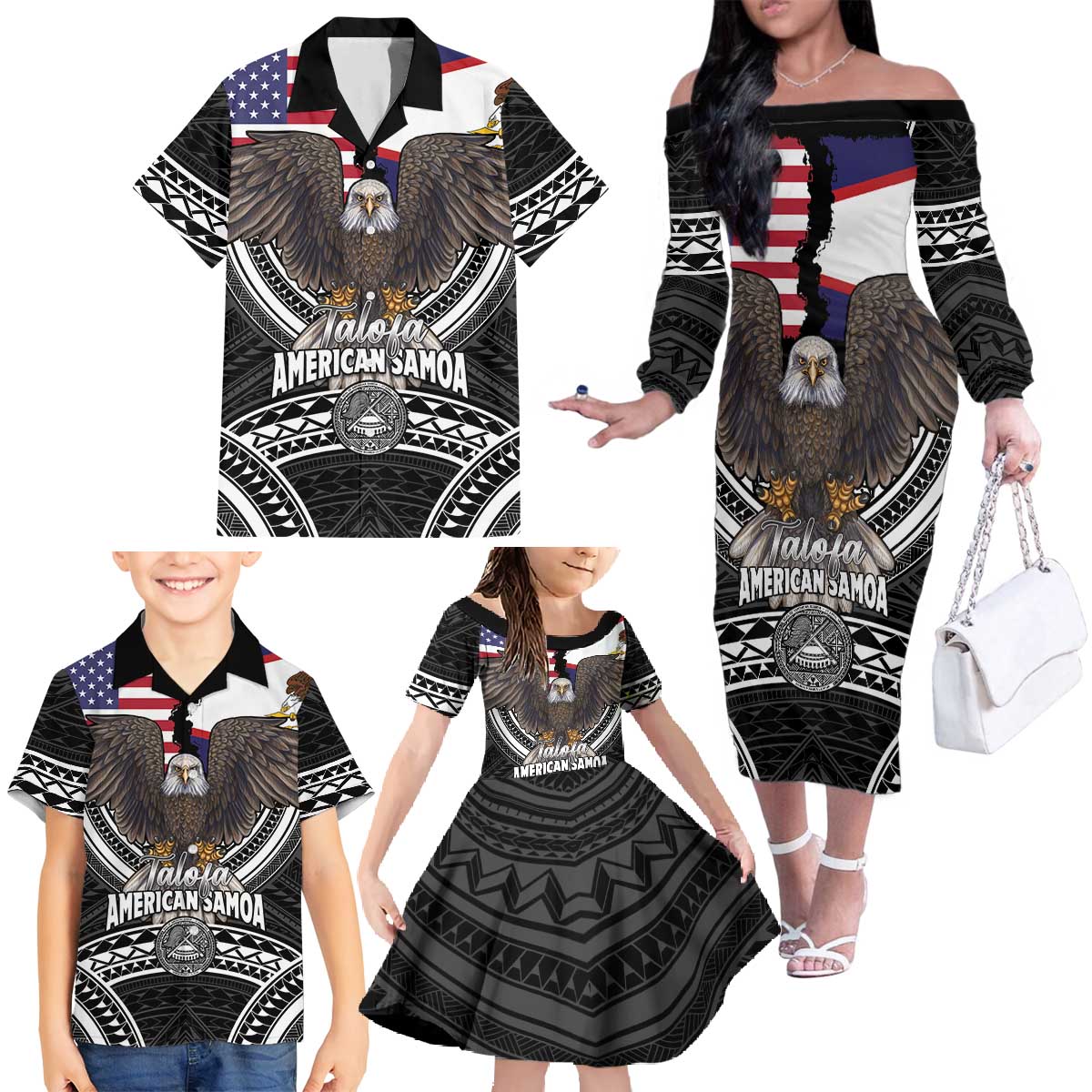 Talofa American Samoa Flag Day Family Matching Off The Shoulder Long Sleeve Dress and Hawaiian Shirt Bald Eagle Polynesian Tattoo LT14 - Polynesian Pride