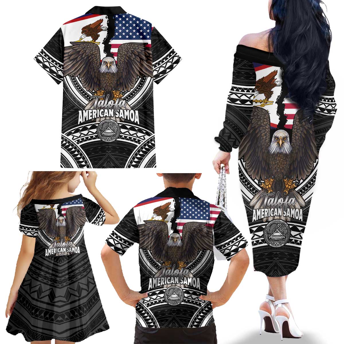 Talofa American Samoa Flag Day Family Matching Off The Shoulder Long Sleeve Dress and Hawaiian Shirt Bald Eagle Polynesian Tattoo LT14 - Polynesian Pride