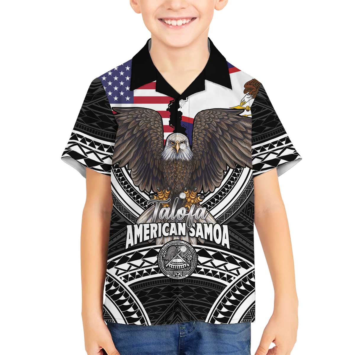 Talofa American Samoa Flag Day Family Matching Off The Shoulder Long Sleeve Dress and Hawaiian Shirt Bald Eagle Polynesian Tattoo LT14 Son's Shirt Black - Polynesian Pride