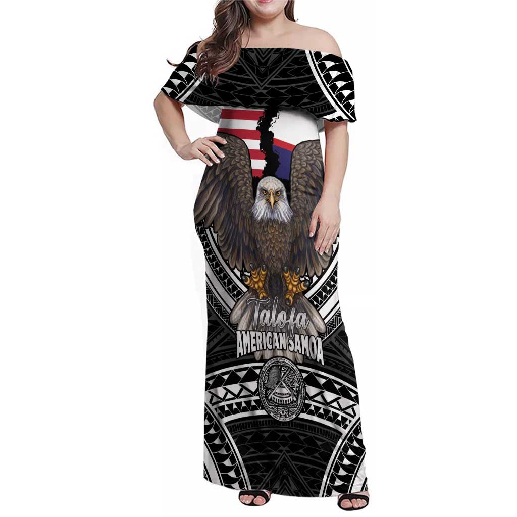 Talofa American Samoa Flag Day Family Matching Off Shoulder Maxi Dress and Hawaiian Shirt Bald Eagle Polynesian Tattoo LT14 Mom's Dress Black - Polynesian Pride