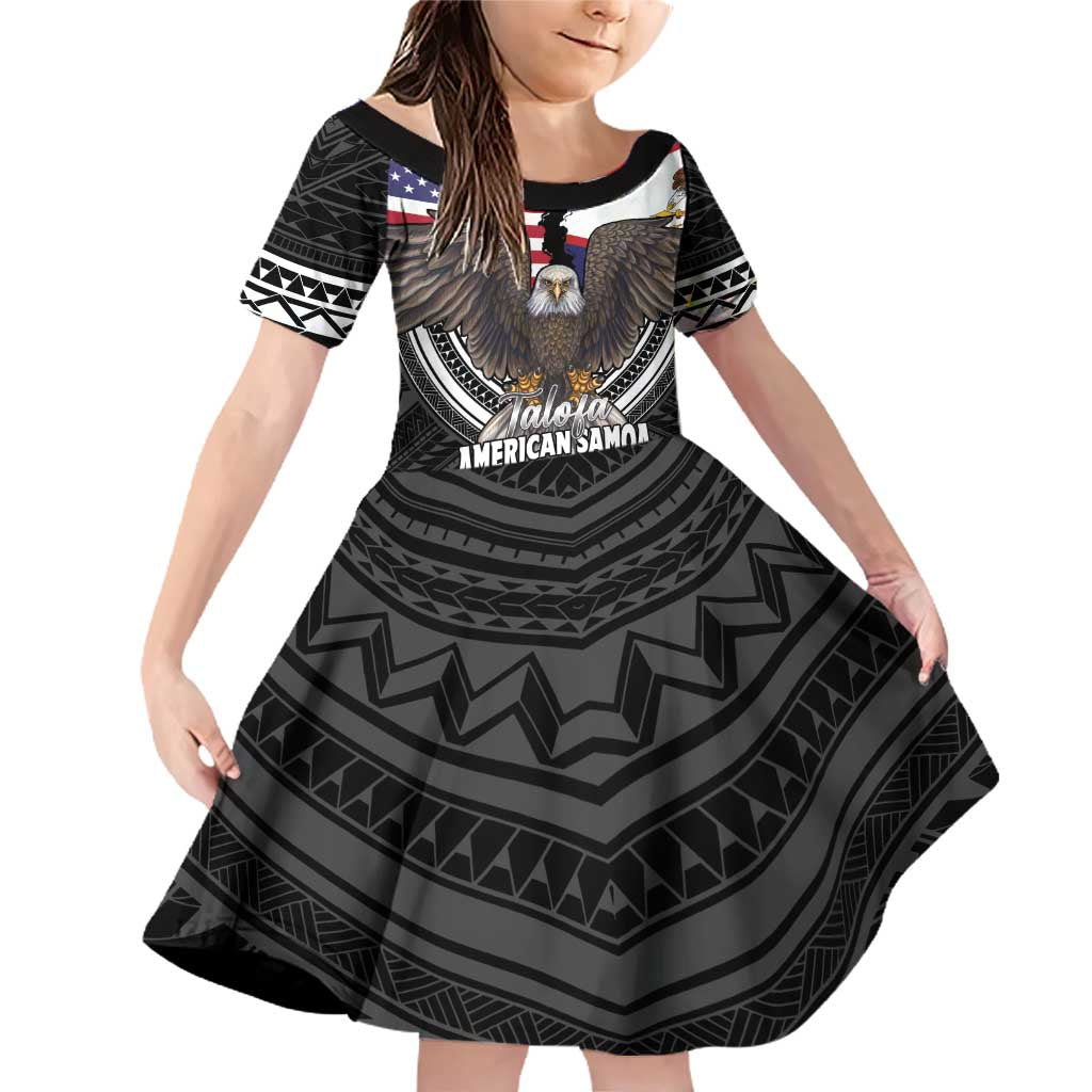 Talofa American Samoa Flag Day Family Matching Off Shoulder Short Dress and Hawaiian Shirt Bald Eagle Polynesian Tattoo LT14 Daughter's Dress Black - Polynesian Pride