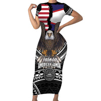 Talofa American Samoa Flag Day Family Matching Short Sleeve Bodycon Dress and Hawaiian Shirt Bald Eagle Polynesian Tattoo LT14 Mom's Dress Black - Polynesian Pride