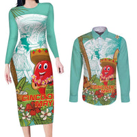 Hawaii Cinco de Mayo Couples Matching Long Sleeve Bodycon Dress and Long Sleeve Button Shirt Chili Pepper Hula Girl Tropical Vibes LT14 Turquoise - Polynesian Pride