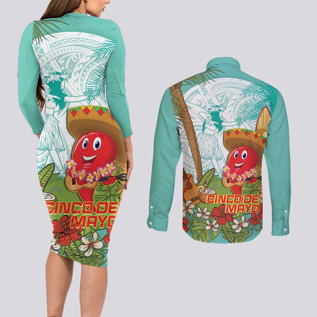 Hawaii Cinco de Mayo Couples Matching Long Sleeve Bodycon Dress and Long Sleeve Button Shirt Chili Pepper Hula Girl Tropical Vibes LT14 - Polynesian Pride