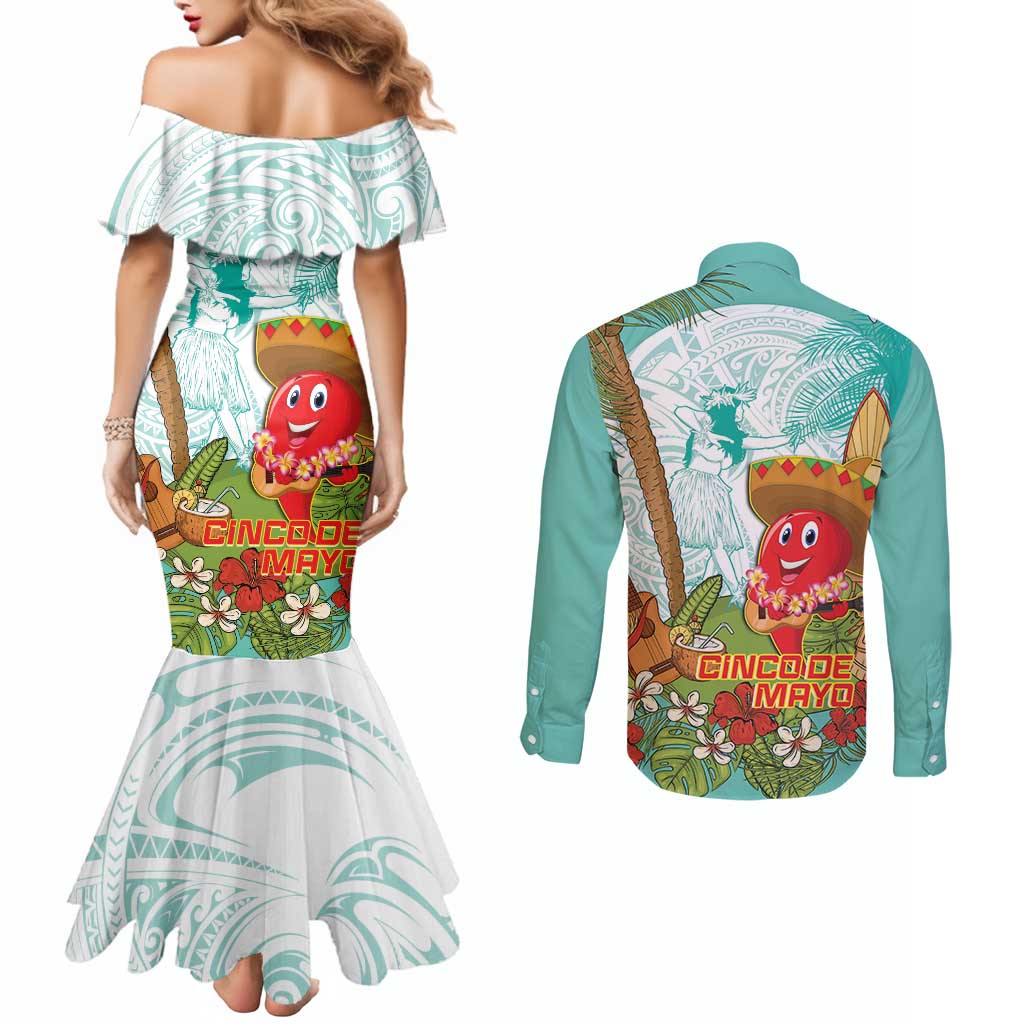 Hawaii Cinco de Mayo Couples Matching Mermaid Dress and Long Sleeve Button Shirt Chili Pepper Hula Girl Tropical Vibes LT14 - Polynesian Pride
