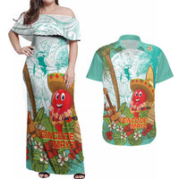 Hawaii Cinco de Mayo Couples Matching Off Shoulder Maxi Dress and Hawaiian Shirt Chili Pepper Hula Girl Tropical Vibes LT14 Turquoise - Polynesian Pride