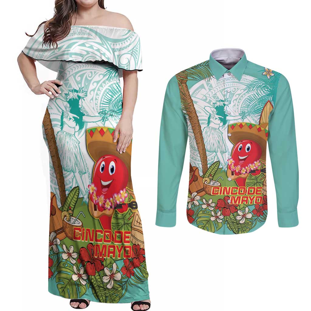 Hawaii Cinco de Mayo Couples Matching Off Shoulder Maxi Dress and Long Sleeve Button Shirt Chili Pepper Hula Girl Tropical Vibes LT14 Turquoise - Polynesian Pride