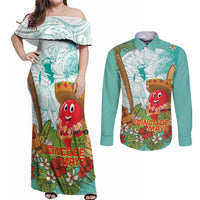 Hawaii Cinco de Mayo Couples Matching Off Shoulder Maxi Dress and Long Sleeve Button Shirt Chili Pepper Hula Girl Tropical Vibes LT14 Turquoise - Polynesian Pride