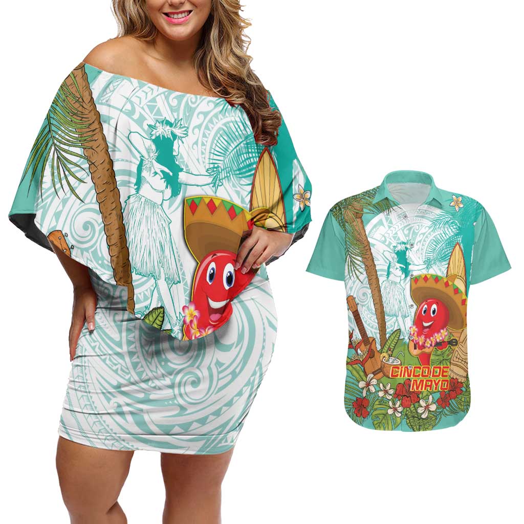 Hawaii Cinco de Mayo Couples Matching Off Shoulder Short Dress and Hawaiian Shirt Chili Pepper Hula Girl Tropical Vibes LT14 Turquoise - Polynesian Pride