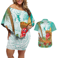 Hawaii Cinco de Mayo Couples Matching Off Shoulder Short Dress and Hawaiian Shirt Chili Pepper Hula Girl Tropical Vibes LT14 Turquoise - Polynesian Pride