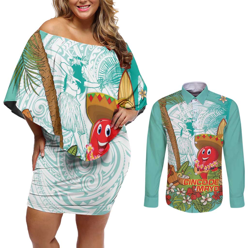 Hawaii Cinco de Mayo Couples Matching Off Shoulder Short Dress and Long Sleeve Button Shirt Chili Pepper Hula Girl Tropical Vibes LT14 Turquoise - Polynesian Pride