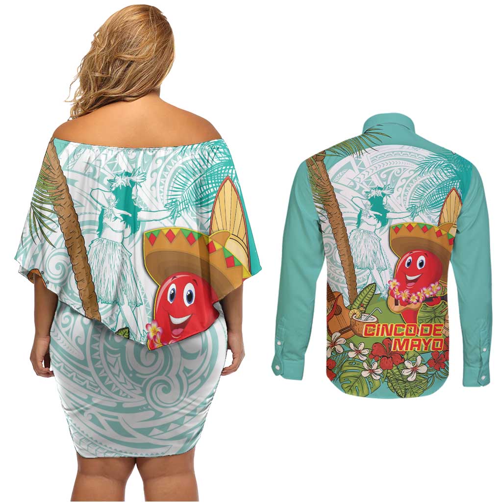 Hawaii Cinco de Mayo Couples Matching Off Shoulder Short Dress and Long Sleeve Button Shirt Chili Pepper Hula Girl Tropical Vibes LT14 - Polynesian Pride