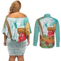 Hawaii Cinco de Mayo Couples Matching Off Shoulder Short Dress and Long Sleeve Button Shirt Chili Pepper Hula Girl Tropical Vibes LT14 - Polynesian Pride