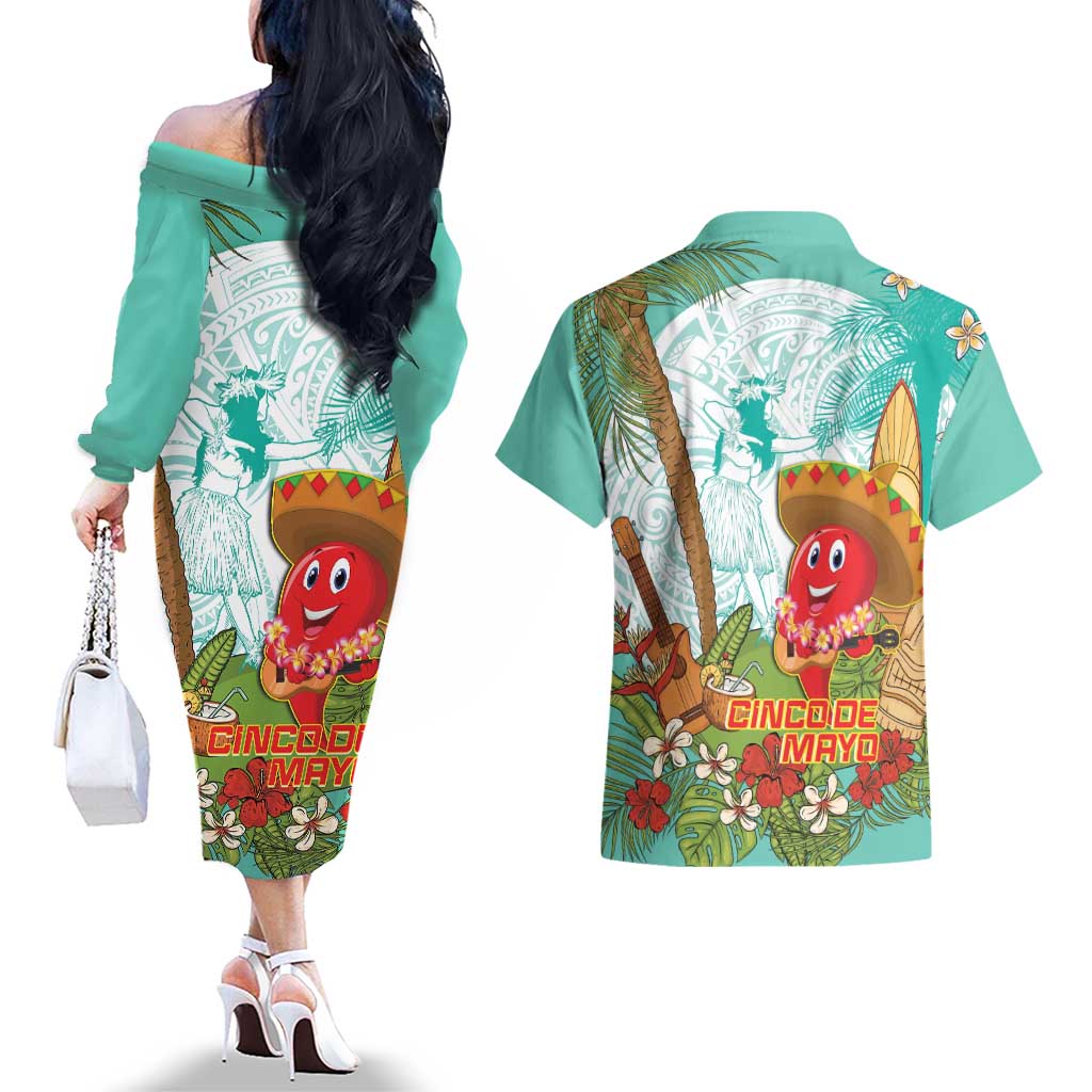 Hawaii Cinco de Mayo Couples Matching Off The Shoulder Long Sleeve Dress and Hawaiian Shirt Chili Pepper Hula Girl Tropical Vibes LT14 - Polynesian Pride
