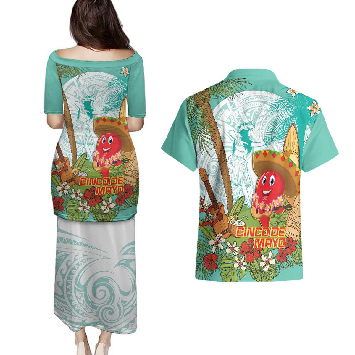 Hawaii Cinco de Mayo Couples Matching Puletasi and Hawaiian Shirt Chili Pepper Hula Girl Tropical Vibes LT14 - Polynesian Pride