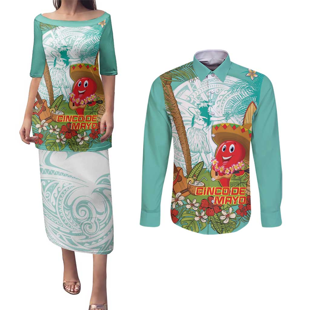 Hawaii Cinco de Mayo Couples Matching Puletasi and Long Sleeve Button Shirt Chili Pepper Hula Girl Tropical Vibes LT14 Turquoise - Polynesian Pride