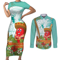 Hawaii Cinco de Mayo Couples Matching Short Sleeve Bodycon Dress and Long Sleeve Button Shirt Chili Pepper Hula Girl Tropical Vibes LT14 Turquoise - Polynesian Pride