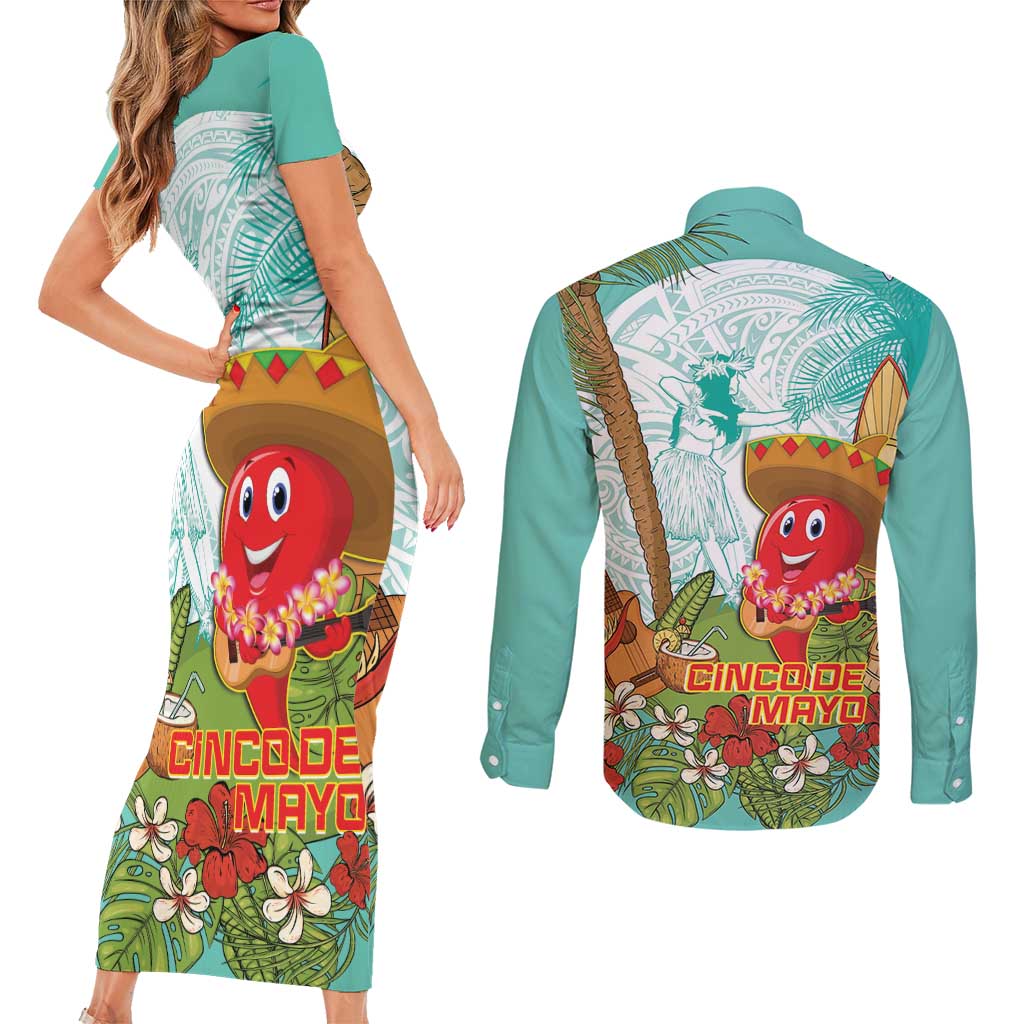 Hawaii Cinco de Mayo Couples Matching Short Sleeve Bodycon Dress and Long Sleeve Button Shirt Chili Pepper Hula Girl Tropical Vibes LT14 - Polynesian Pride