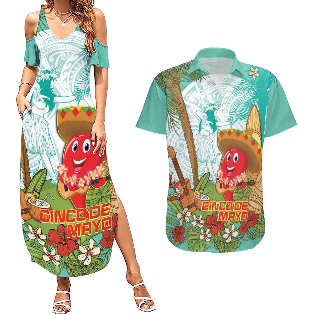 Hawaii Cinco de Mayo Couples Matching Summer Maxi Dress and Hawaiian Shirt Chili Pepper Hula Girl Tropical Vibes LT14 Turquoise - Polynesian Pride