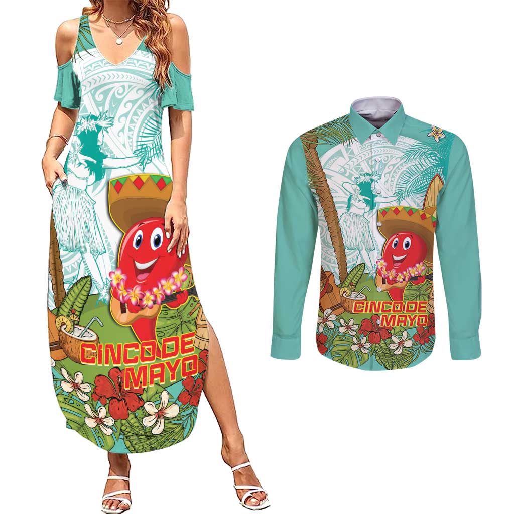 Hawaii Cinco de Mayo Couples Matching Summer Maxi Dress and Long Sleeve Button Shirt Chili Pepper Hula Girl Tropical Vibes LT14 Turquoise - Polynesian Pride