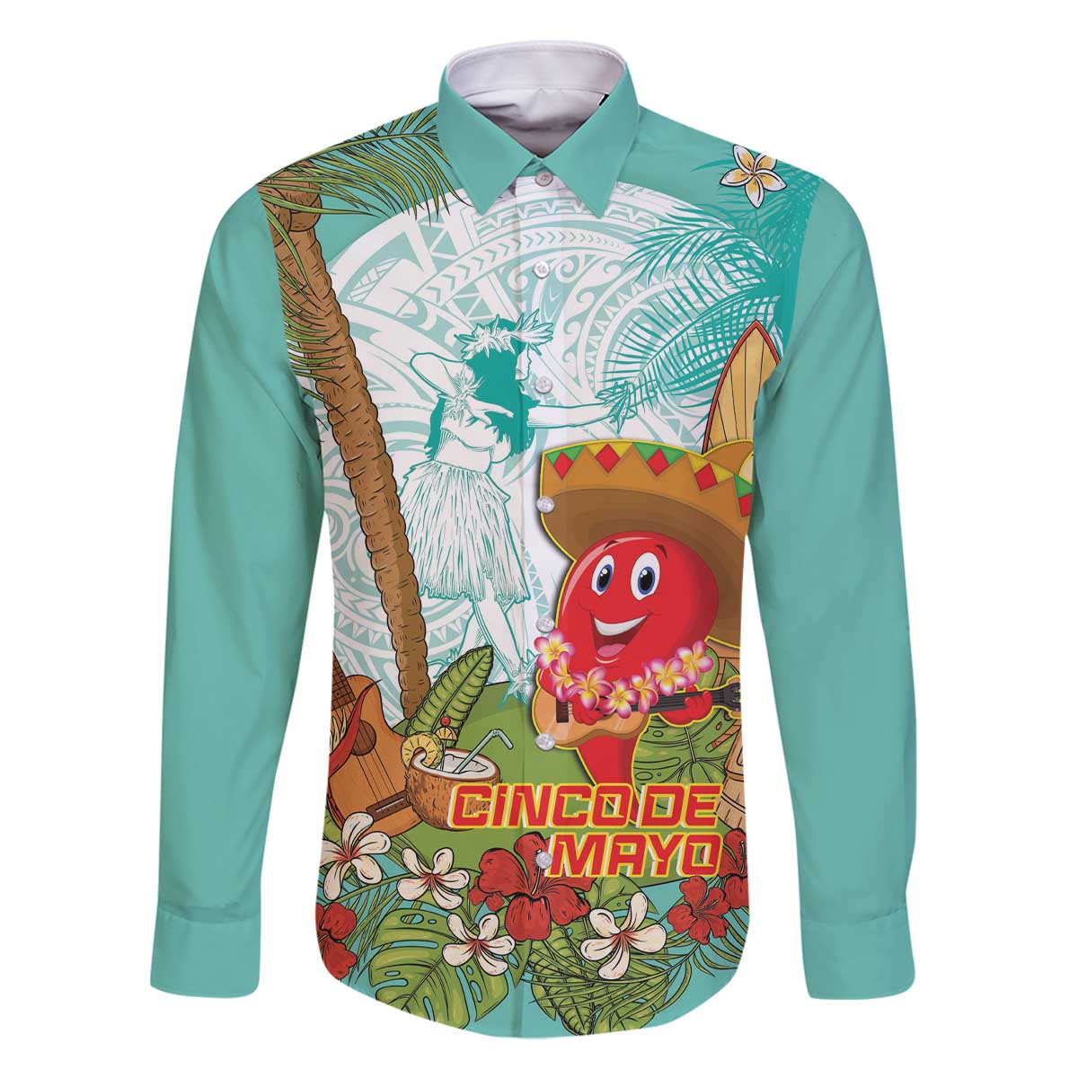 Hawaii Cinco de Mayo Family Matching Off The Shoulder Long Sleeve Dress and Hawaiian Shirt Chili Pepper Hula Girl Tropical Vibes LT14 Dad's Shirt - Long Sleeve Turquoise - Polynesian Pride